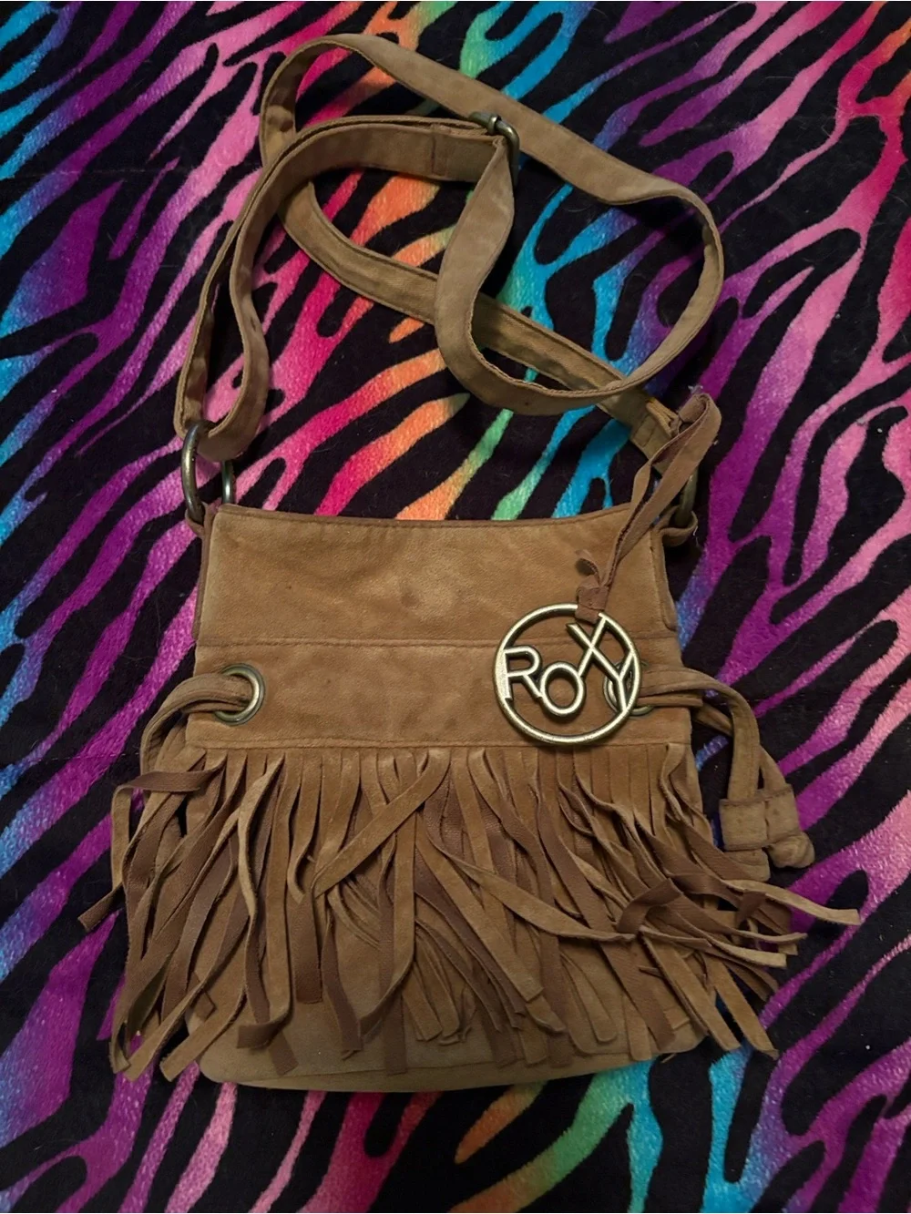Roxy Brown Suede Fringe Shoulder Bag with Logo Charm